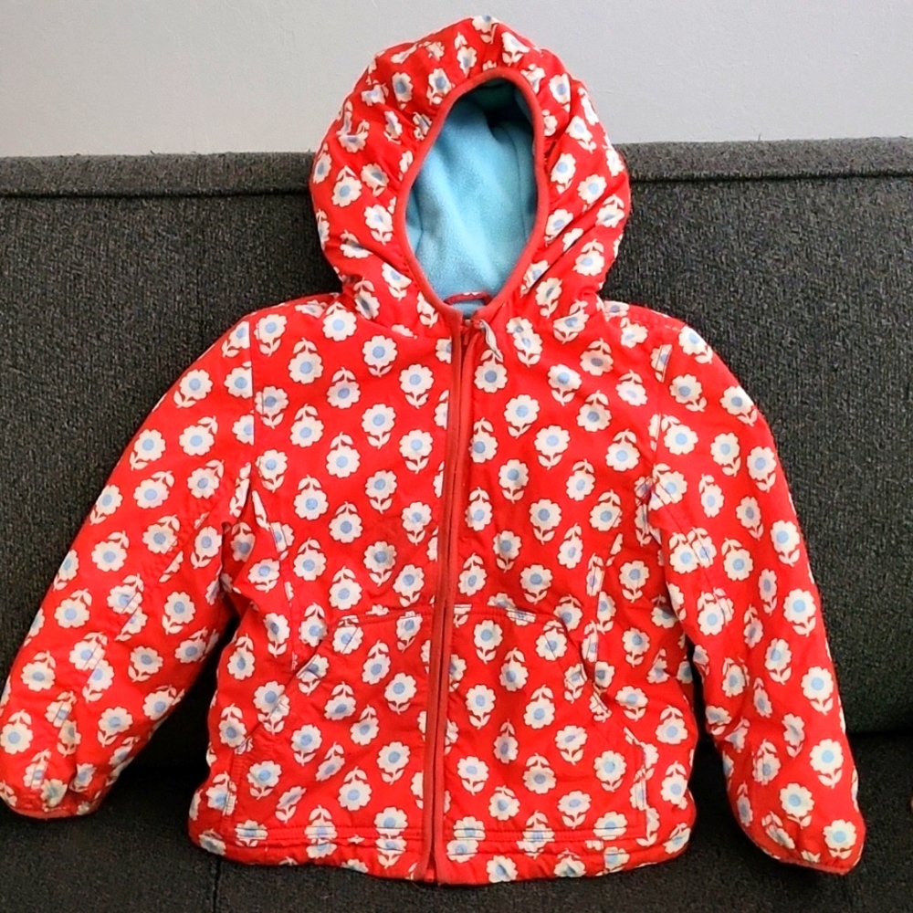 Mini Boden Girls Fleece-Lined Floral Jacket With Hood Size 5-6Y